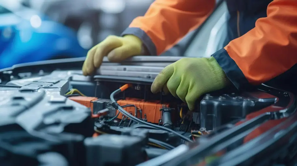 Mechanic working under a car hood (stock photo)
