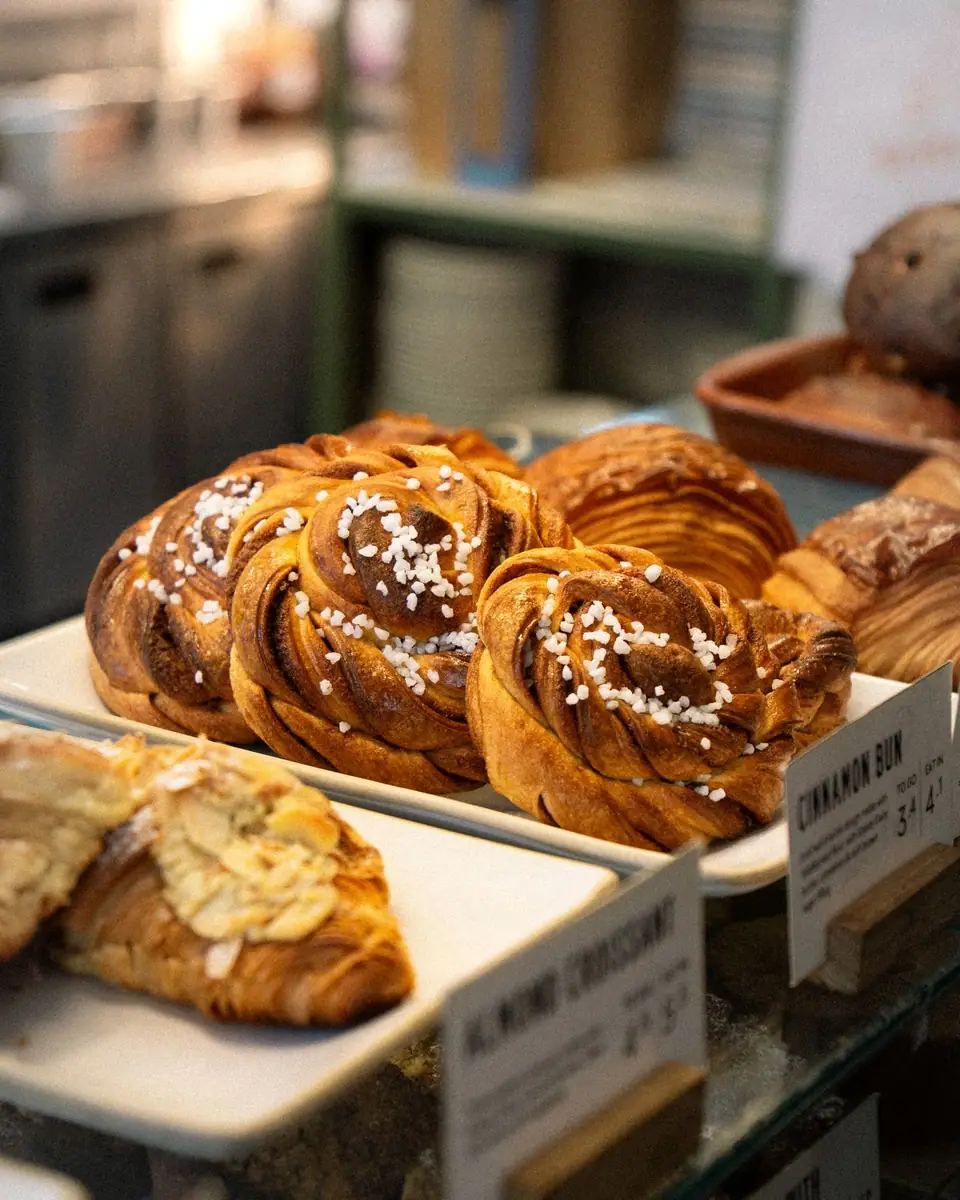 Cinnamon buns in a bakery display (stock photo)